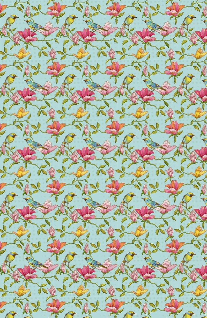 Tissu ameublement mètre motif fleurs feuilles oiseaux branches rideau couette bleu