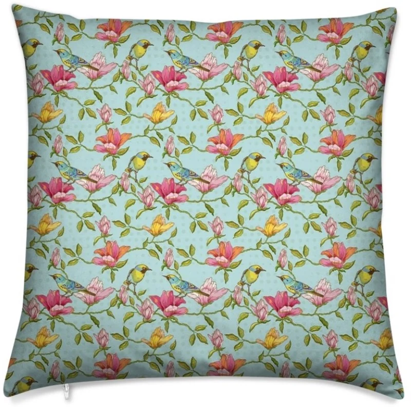 Tissu ameublement mètre motif fleurs feuilles oiseaux branches rideau couette bleu