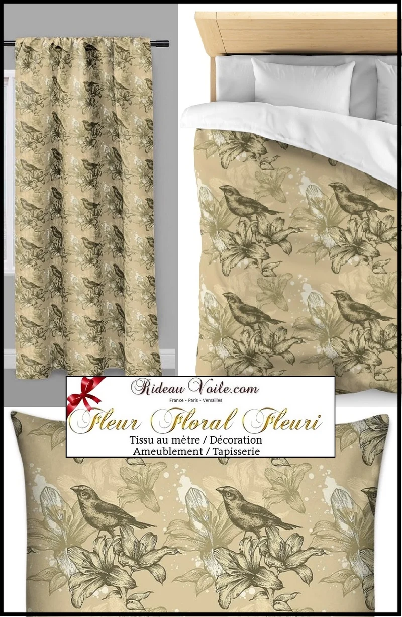 Tissu ameublement mètre motif fleur de lys oiseaux Toile de Jouy rideau couette