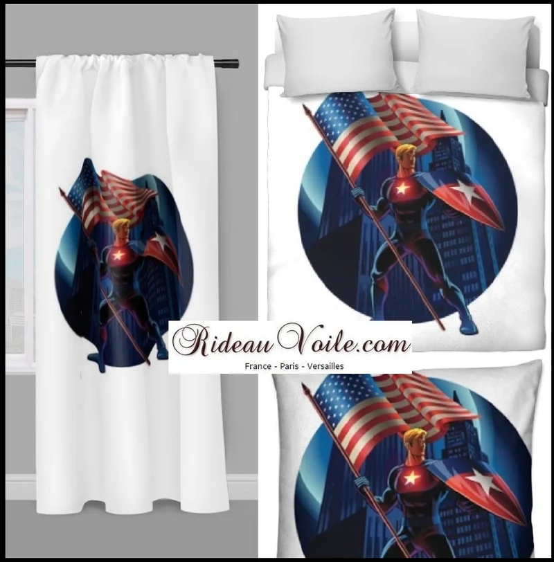 Tissu au mètre imprimé Super Héro Américain motif sur rideau coussin couette bleu