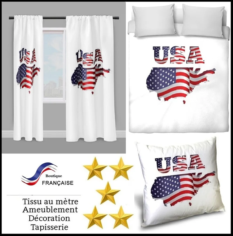 Tissu au mètre carte drapeau motif USA rideau coussin couette Etats Unis d'Amérique
