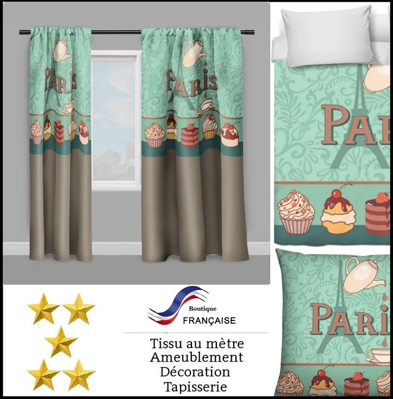 Tissu au mètre taupe motif café Parisien Paris salon de thé Tour-Eiffel rideau couette coussin