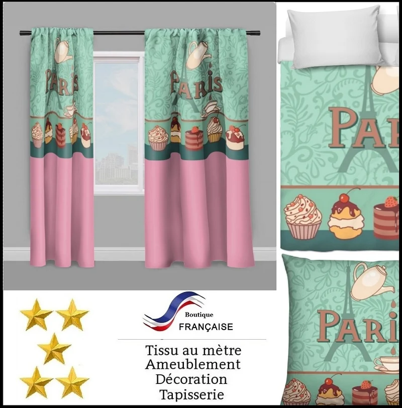Tissu au mètre rose motif agencement café Parisien Paris salon de thé pâtisserie rideau