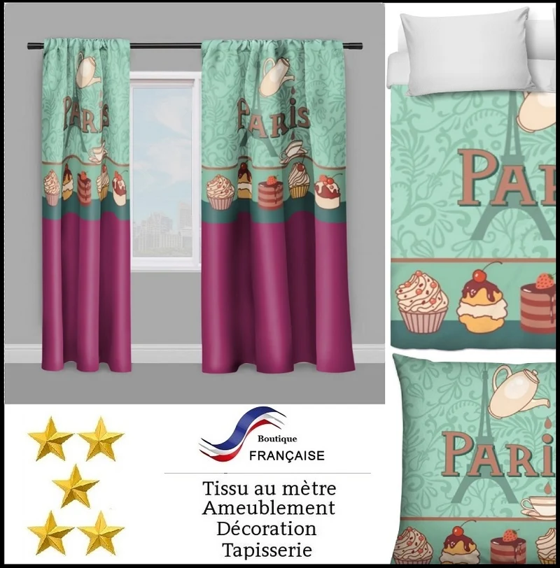 Tissu ameublement mètre violet motif vitrine café Parisien Paris salon de thé pâtisserie