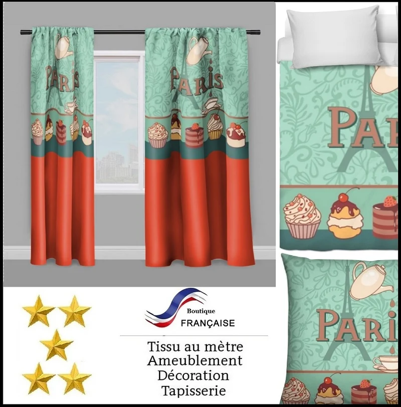 Tissu au mètre rouge motif café Parisien Paris salon de thé pâtisserie chocolaterie rideau couette coussin