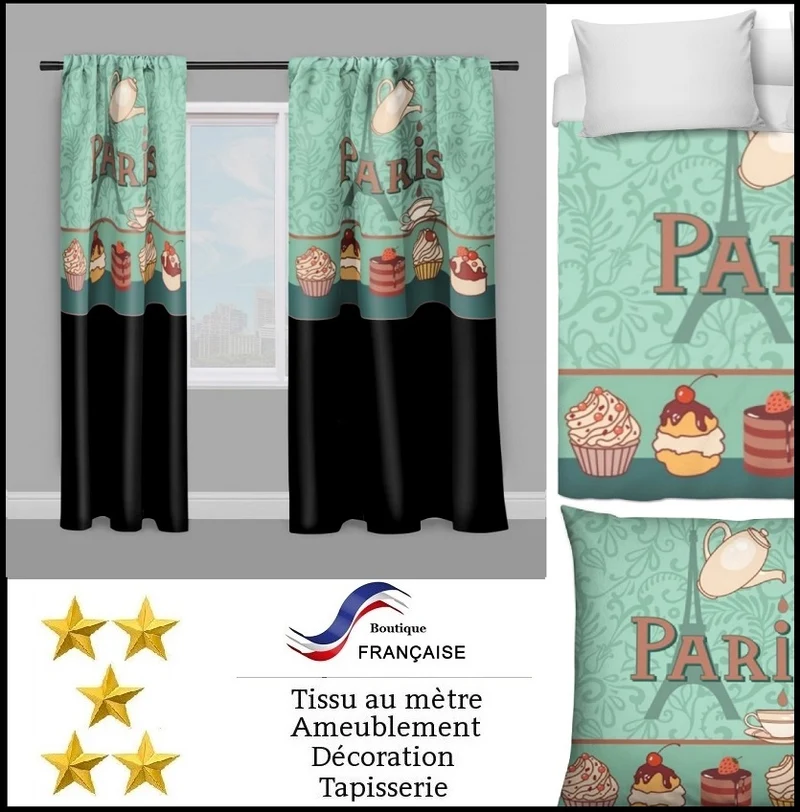 Tissu ameublement mètre noir motif Parisien Paris Tour Eiffel luxe salon thé pâtisserie chocolaterie