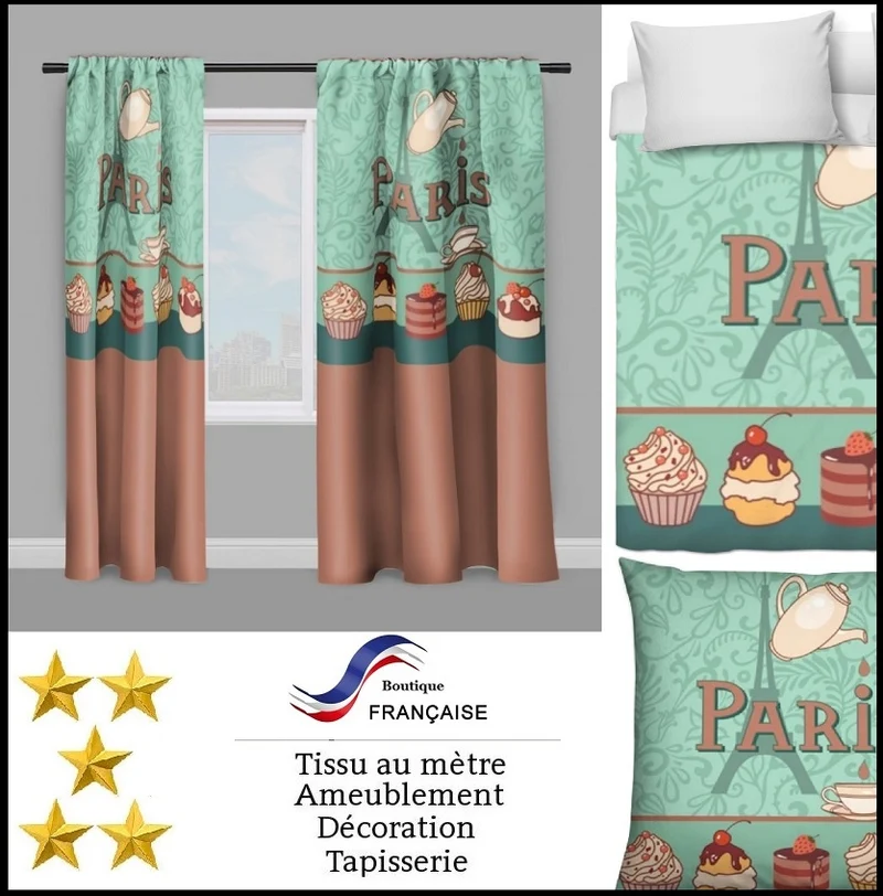 Tissu ameublement agencement vitrine motif café Parisien Paris salon de thé chocolaterie pâtisserie rideau