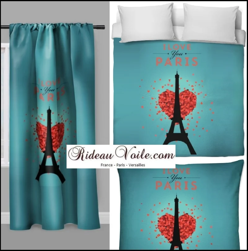 Tissu déco au mètre rideau couette coussin bleu motif imprimé Tour-Eiffel Love Paris