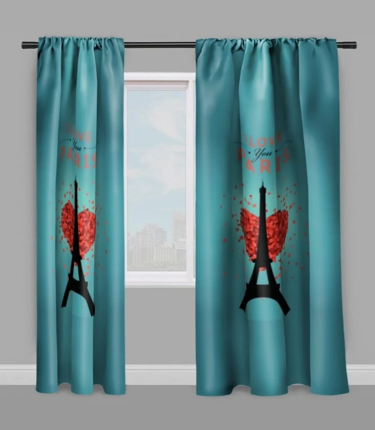 Tissu déco au mètre rideau couette coussin bleu motif imprimé Tour-Eiffel Love Paris