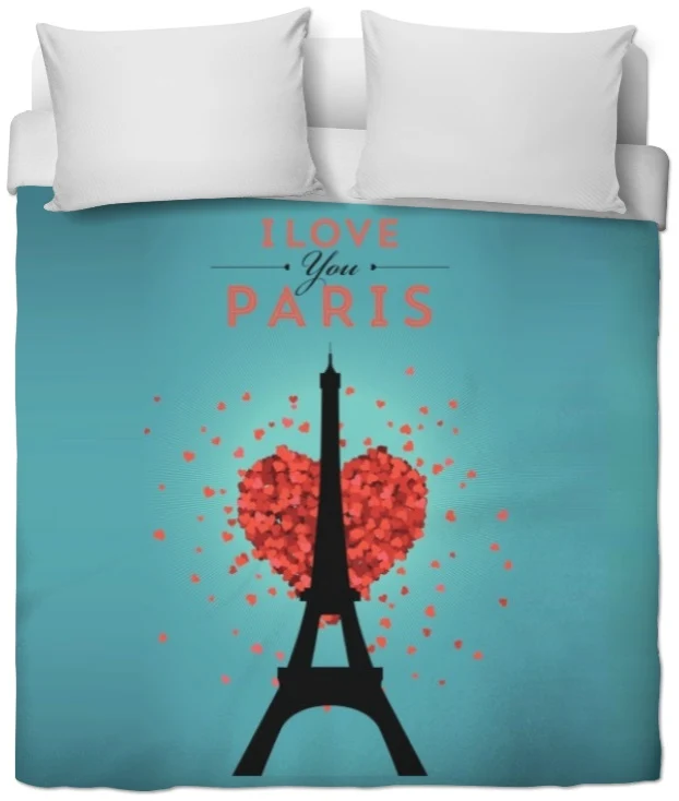 Tissu déco au mètre rideau couette coussin bleu motif imprimé Tour-Eiffel Love Paris