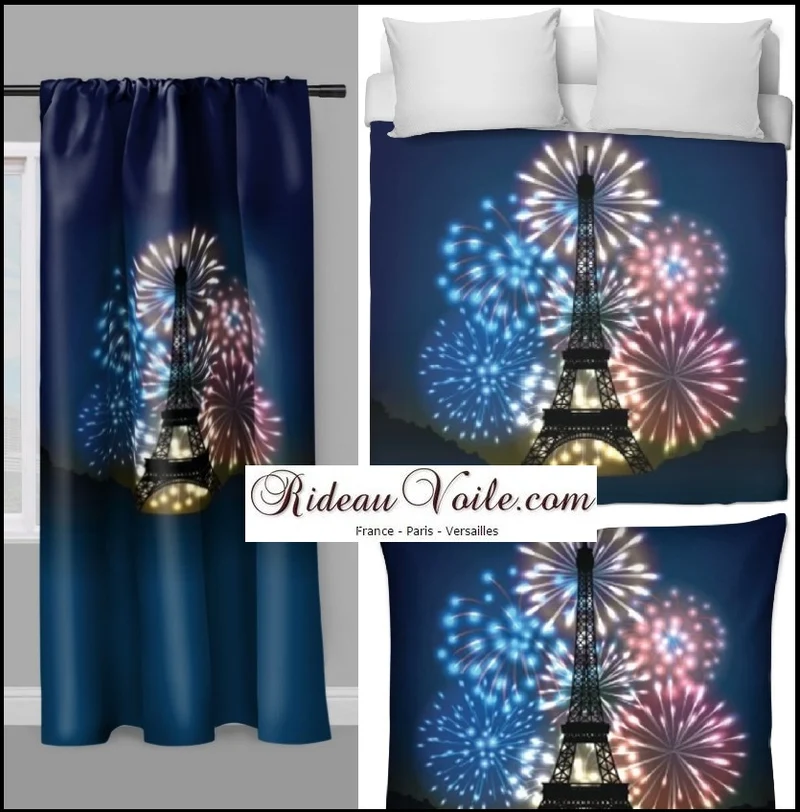 Tissu déco au mètre motif imprimé Tour-Eiffel Paris la nuit feux d'artifices rideau voilage