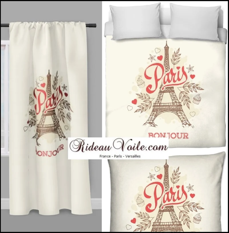 Tissu déco ameublement mètre motif Tour-Eiffel France rideau couette coussin fleurs