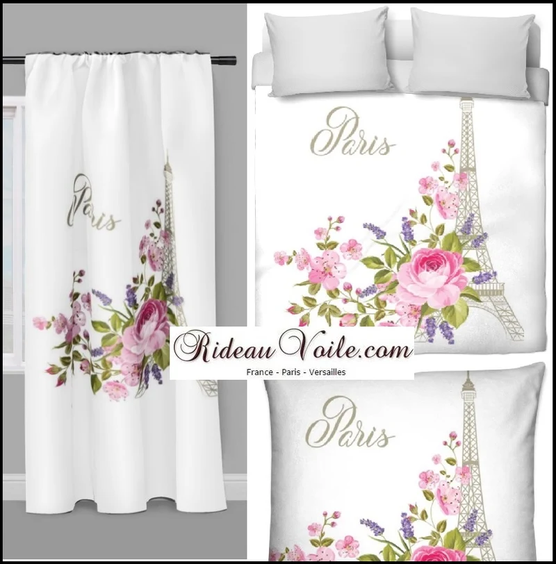 Tour-Eiffel Paris monument rideau couette voilage tissu au mètre motif imprimé fleurs