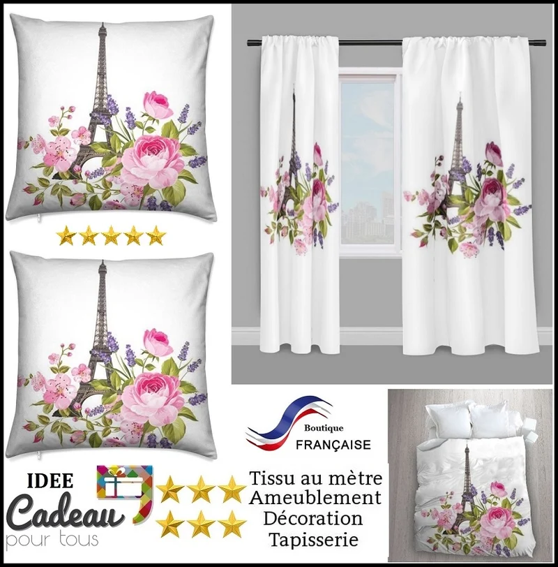 Rideau couette tissu ameublement mètre fleur imprimé Tour-Eiffel Paris monument