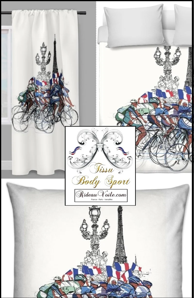 Tissu au mètre motif Tour de France cycliste vélo rideau coussin couette Paris design Eiffel