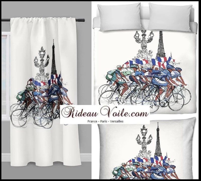 Tissu au mètre motif Tour de France cycliste vélo rideau coussin couette Paris design Eiffel