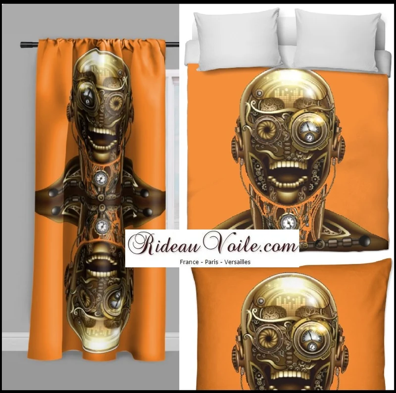 Tissu au mètre motif imprimé Steampunk visage rideau coussin couette orange