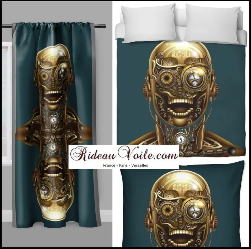 Tissu original au mètre motif imprimé Steampunk visage rideau coussin couette bleu