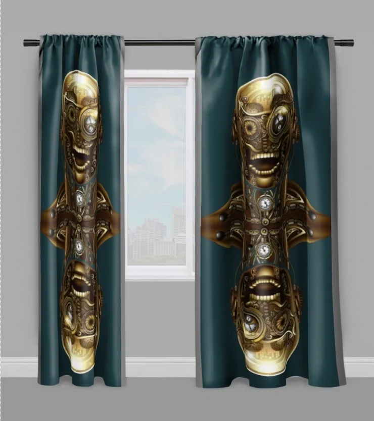 Tissu original au mètre motif imprimé Steampunk visage rideau coussin couette bleu