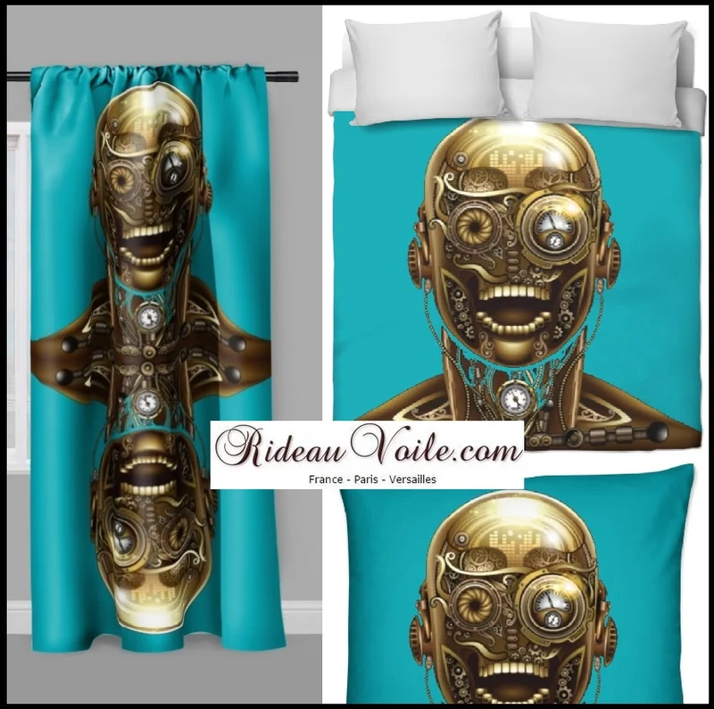 Tissu au mètre motif imprimé Steampunk visage rideau coussin couette turquoise bleu