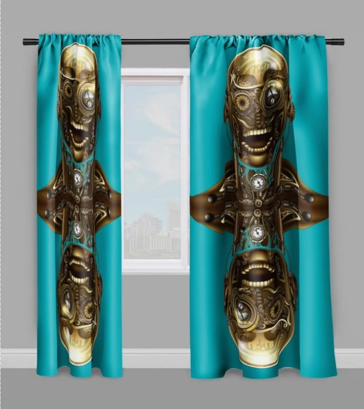 Tissu au mètre motif imprimé Steampunk visage rideau coussin couette turquoise bleu