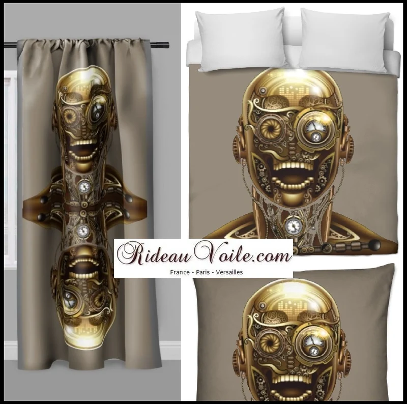 Tissu au mètre motif imprimé Steampunk visage mécanique rideau couette taupe