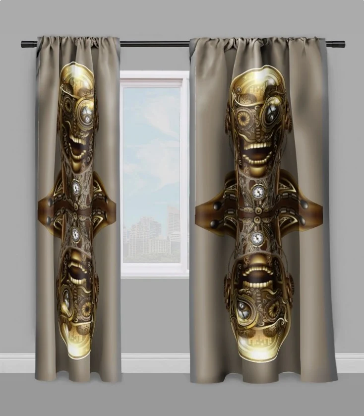 Tissu au mètre motif imprimé Steampunk visage mécanique rideau couette taupe
