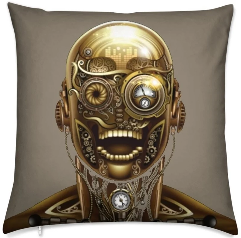 Tissu au mètre motif imprimé Steampunk visage mécanique rideau couette taupe
