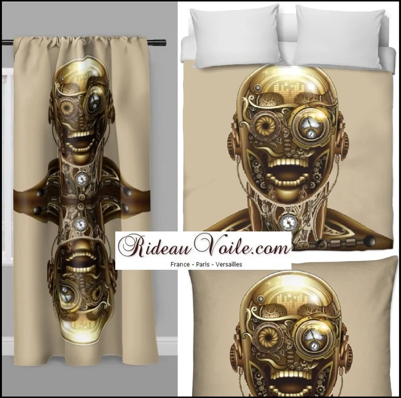 Tissu au mètre motif tête métal Steampunk visage mécanique rideau couette beige