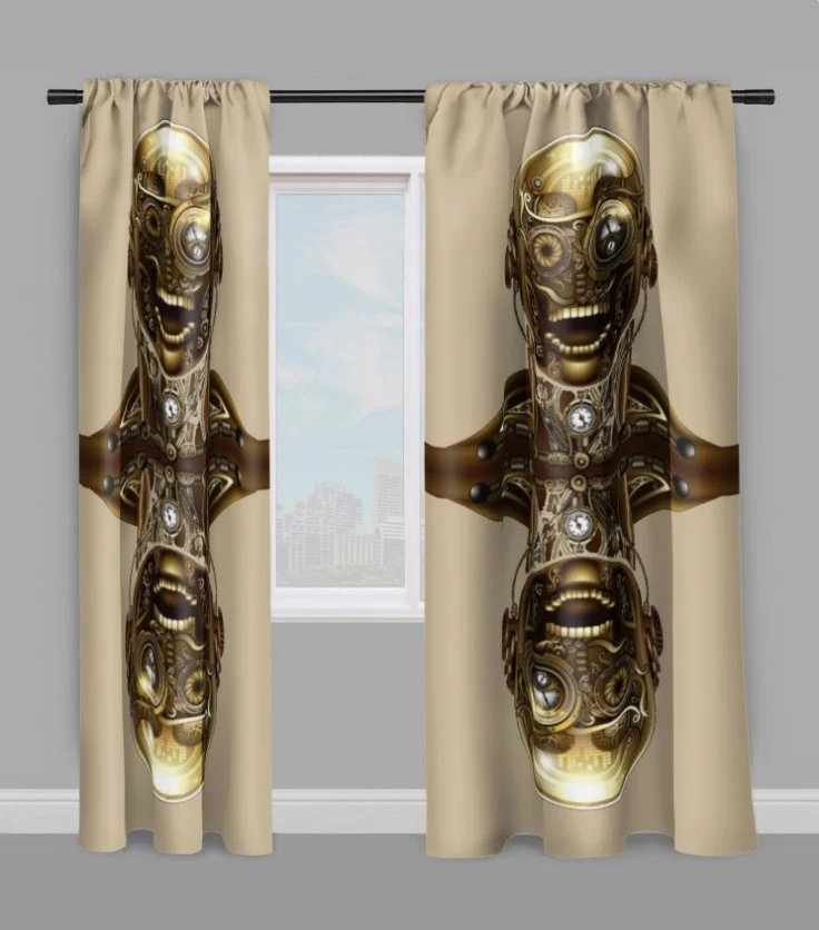 Tissu au mètre motif tête métal Steampunk visage mécanique rideau couette beige