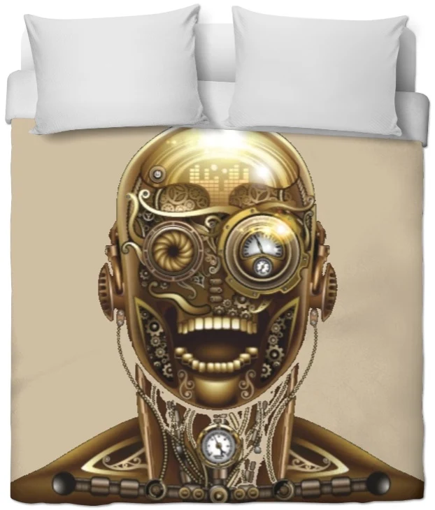 Tissu au mètre motif tête métal Steampunk visage mécanique rideau couette beige