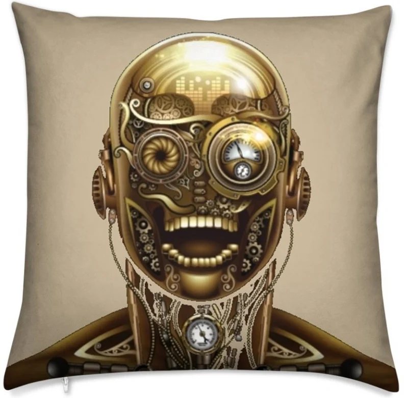 Tissu au mètre motif tête métal Steampunk visage mécanique rideau couette beige