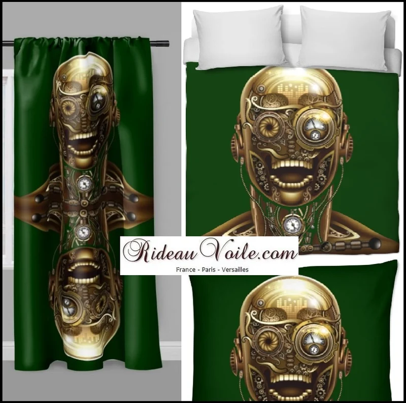 Tissu au mètre motif tête visage métal Steampunk mécanique rideau coussin couette