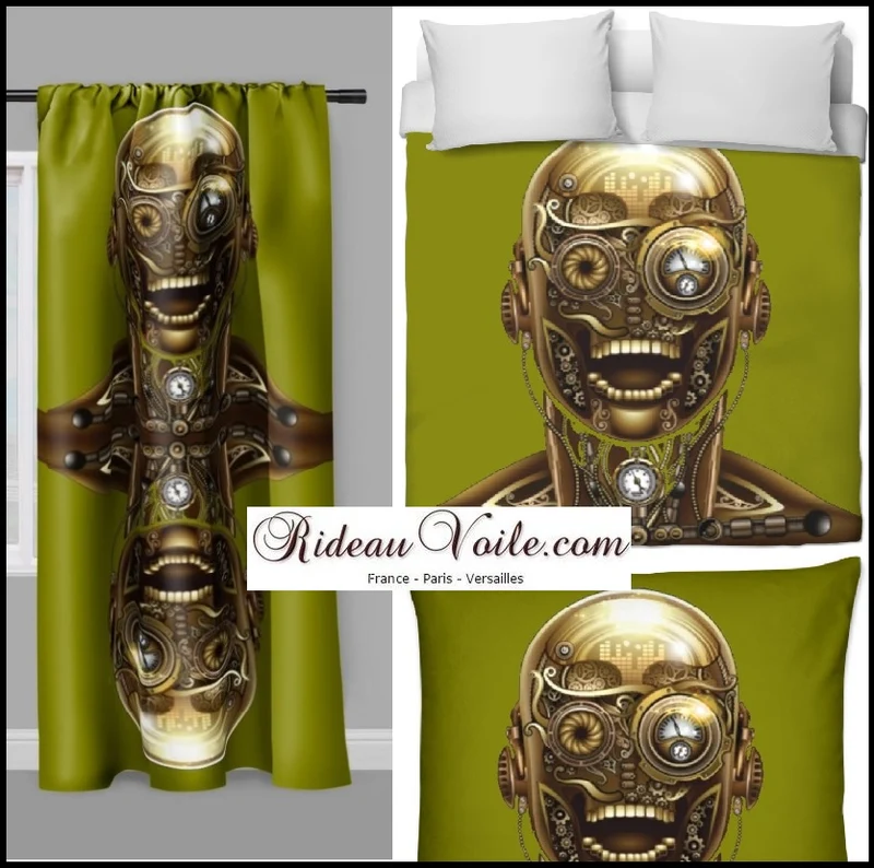 Steampunk Tissu au mètre motif tête visage métal mécanique rideau coussin couette