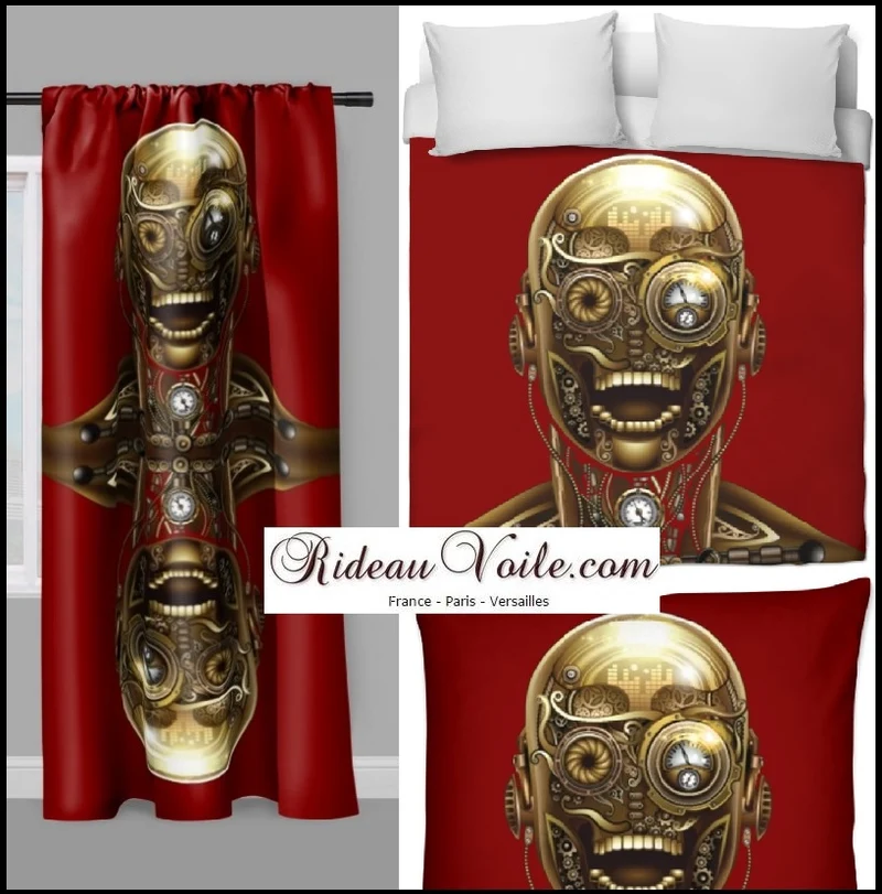 Steampunk Tissu au mètre motif tête visage métal mécanique rideau coussin couette