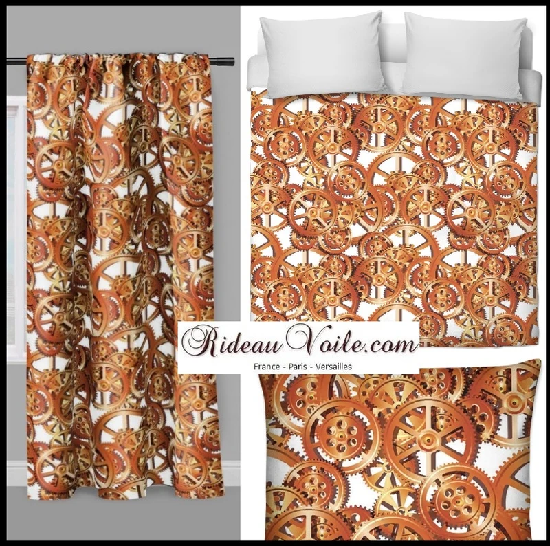 Tissu au mètre motif Steampunk horloge métal rouage mécanique rideau couette