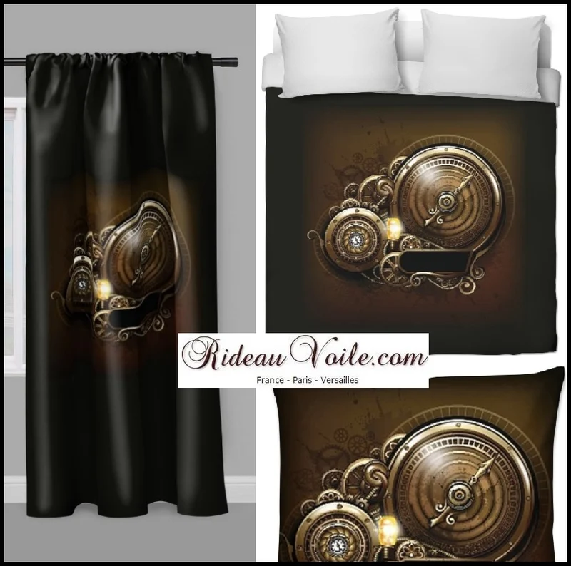 Tissu au mètre motif Art Steampunk horloge espace temps métal rideau couette
