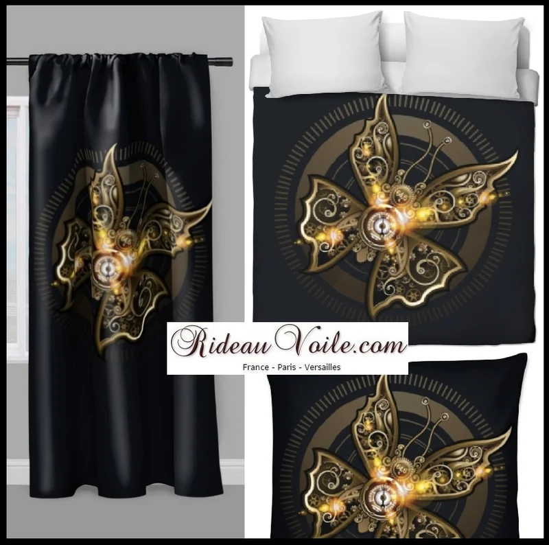 Tissu au mètre motif Art Steampunk papillon horloge métal rideau coussin couette