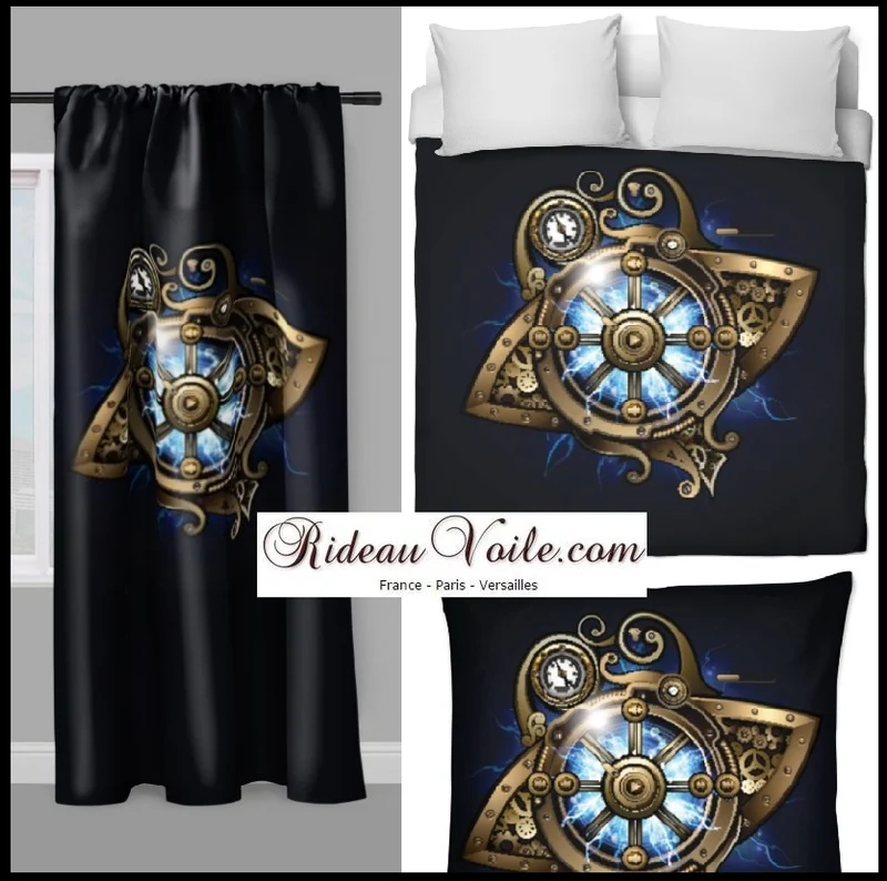 Tissu au mètre bleu motif Art Steampunk spacio-temporel rideau coussin couette