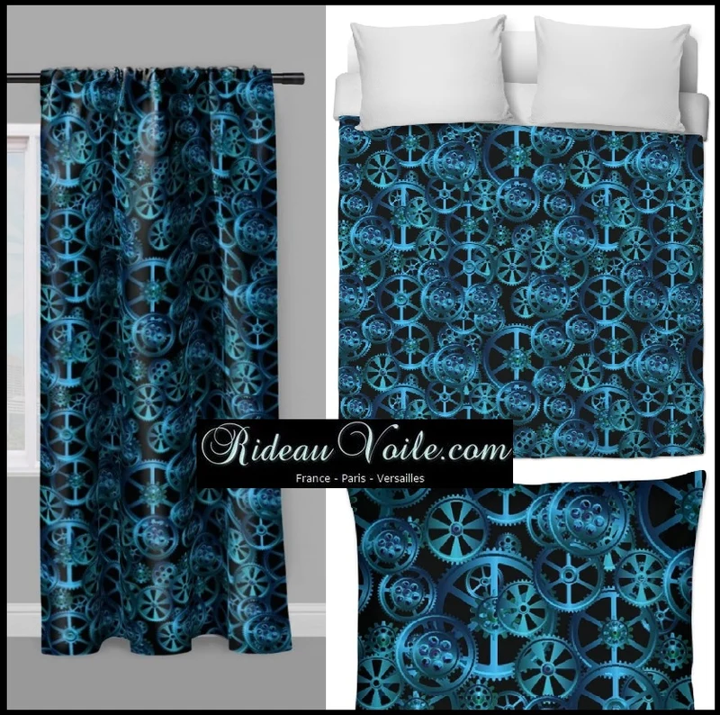 Tissu au mètre motif Art Steampunk rouage mécanique bleu rideau coussin couette