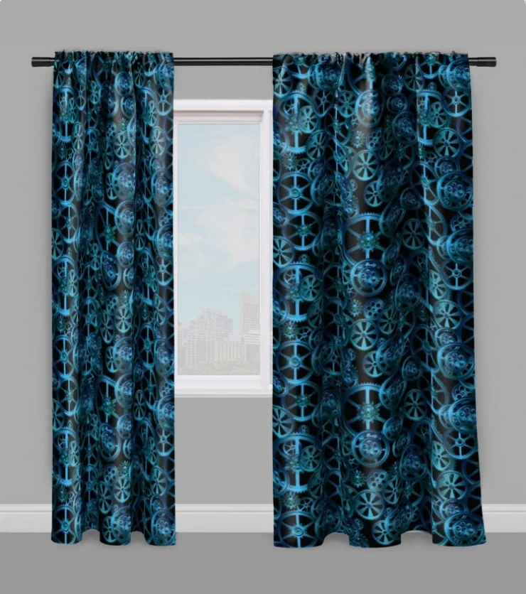 Tissu au mètre motif Art Steampunk rouage mécanique bleu rideau coussin couette