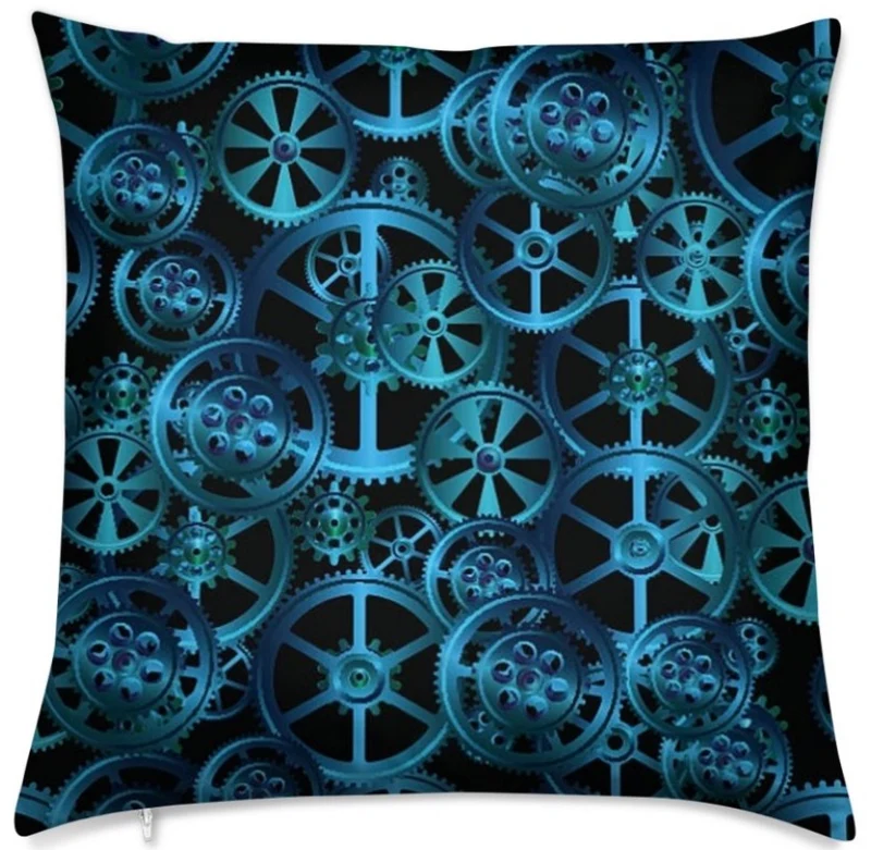 Tissu au mètre motif Art Steampunk rouage mécanique bleu rideau coussin couette
