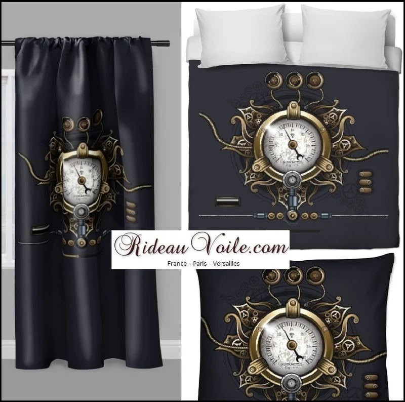 Tissu au mètre motif rouage mécanique steampunk horloge rideau coussin couette