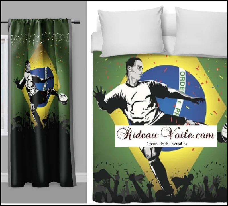 Tissu au mètre motif Foot Brésilien ballon drapeau Football Brésil rideau couette