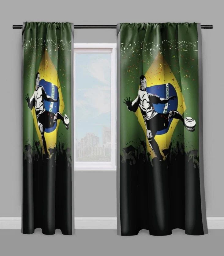 Tissu au mètre motif Foot Brésilien ballon drapeau Football Brésil rideau couette