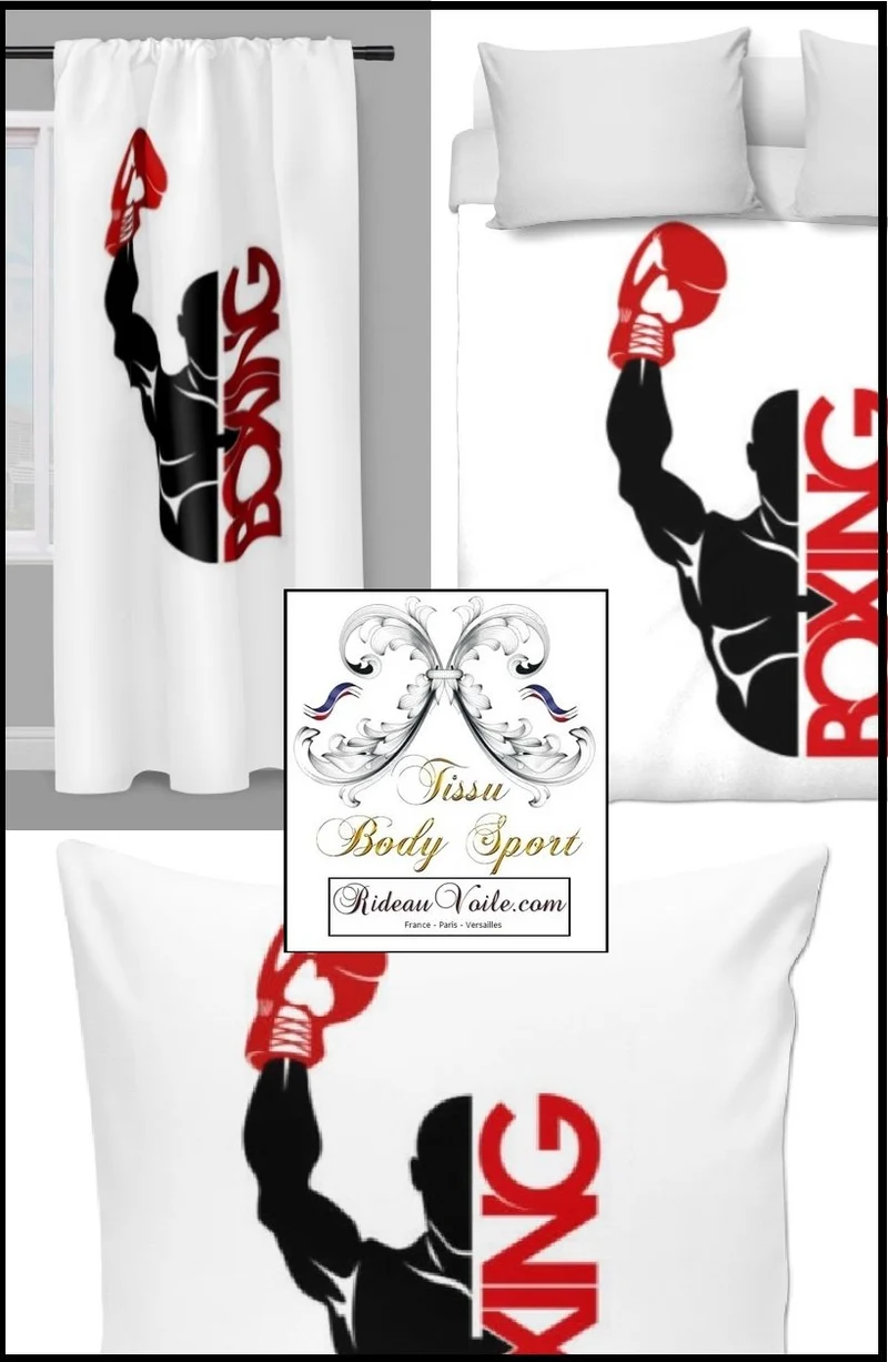Tissu ameublement mètre motif body sport boxe poings boxeur rideau coussin BOXING