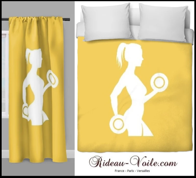 Motif salle sport musculation body fitness rideau coussin couette tissu jaune au mètre