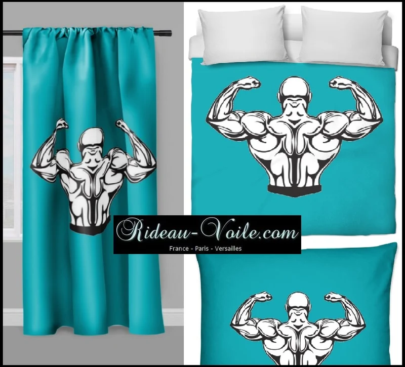 Motif sport musculation body fitness rideau coussin couette tissu bleu turquoise au mètre