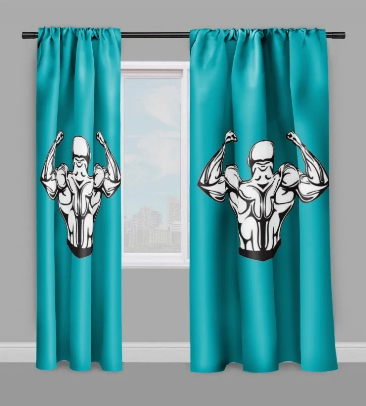 Motif sport musculation body fitness rideau coussin couette tissu bleu turquoise au mètre
