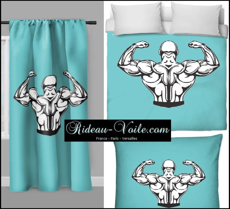Motif sport musculation body fitness rideau coussin couette tissu au mètre bleu turquoise